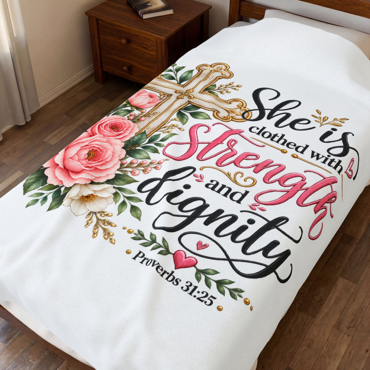 Velveteen Blanket — "She is clothed with Strength and Dignity" Floral Cross Christian Throw