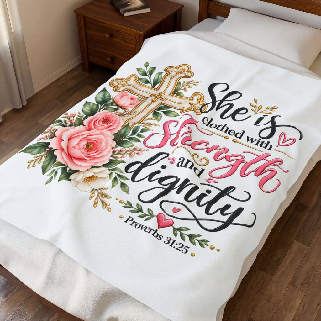 Velveteen Blanket — "She is clothed with Strength and Dignity" Floral Cross Christian Throw