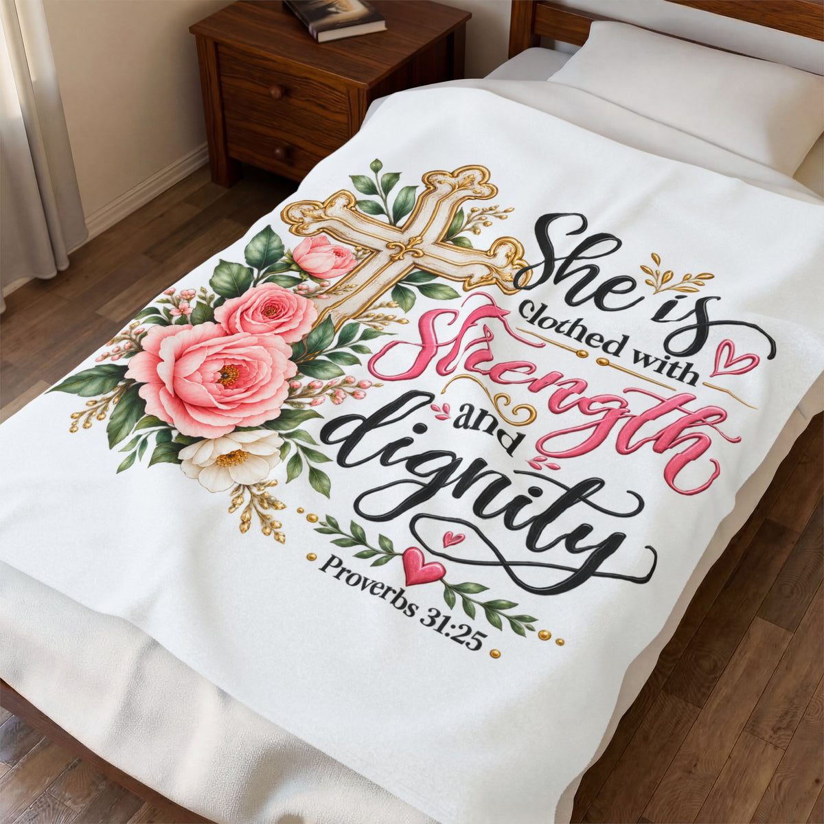 Velveteen Blanket — "She is clothed with Strength and Dignity" Floral Cross Christian Throw