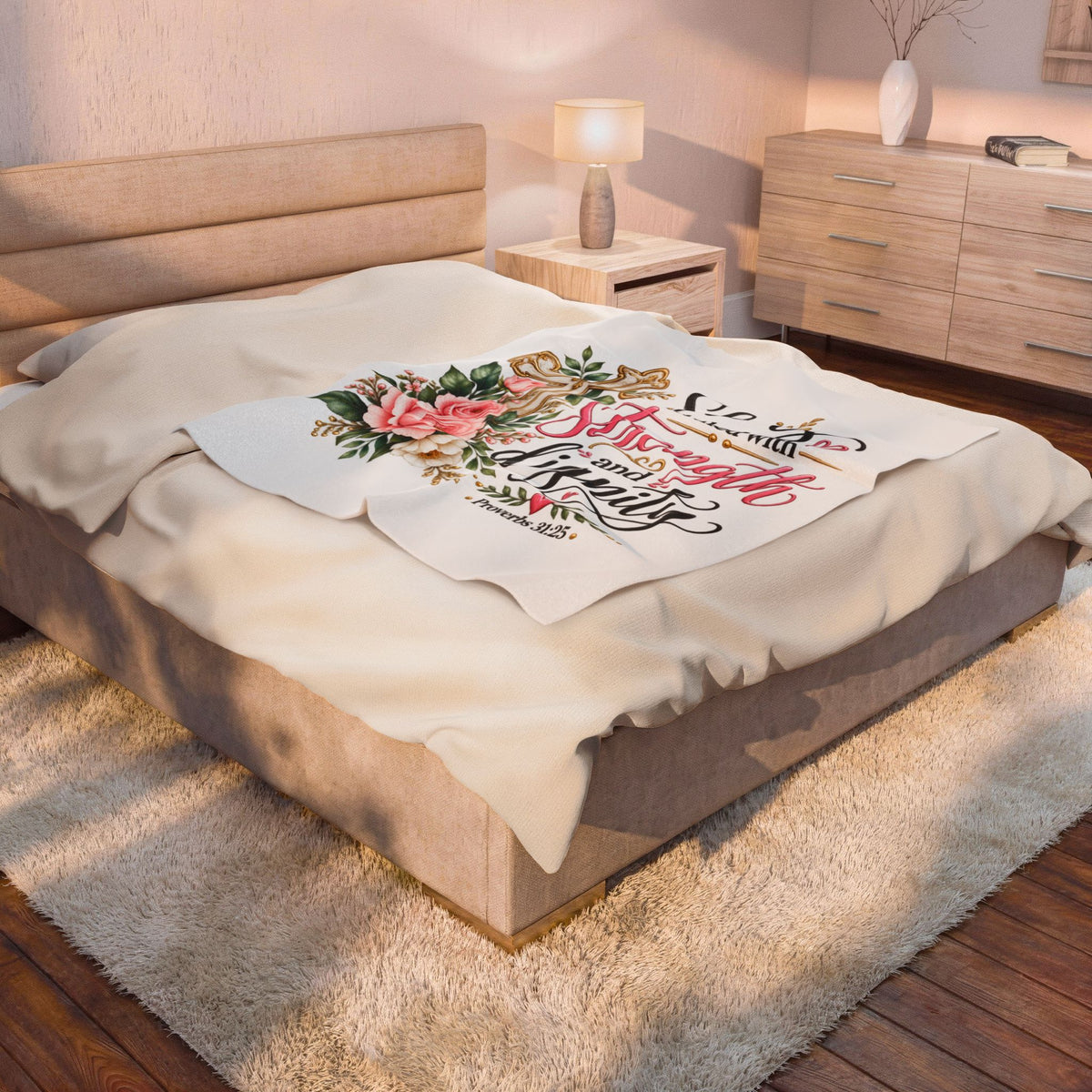 Velveteen Blanket — "She is clothed with Strength and Dignity" Floral Cross Christian Throw
