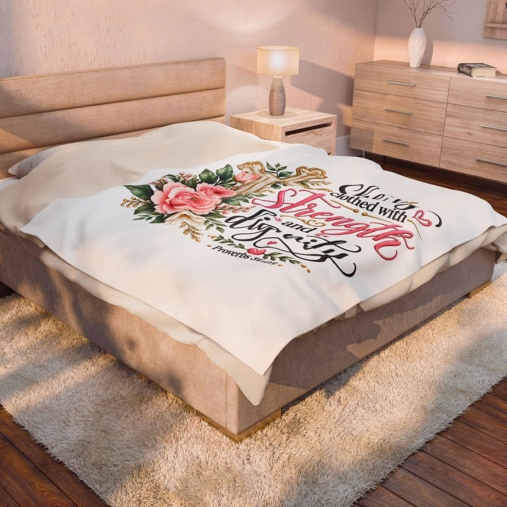 Velveteen Blanket — "She is clothed with Strength and Dignity" Floral Cross Christian Throw