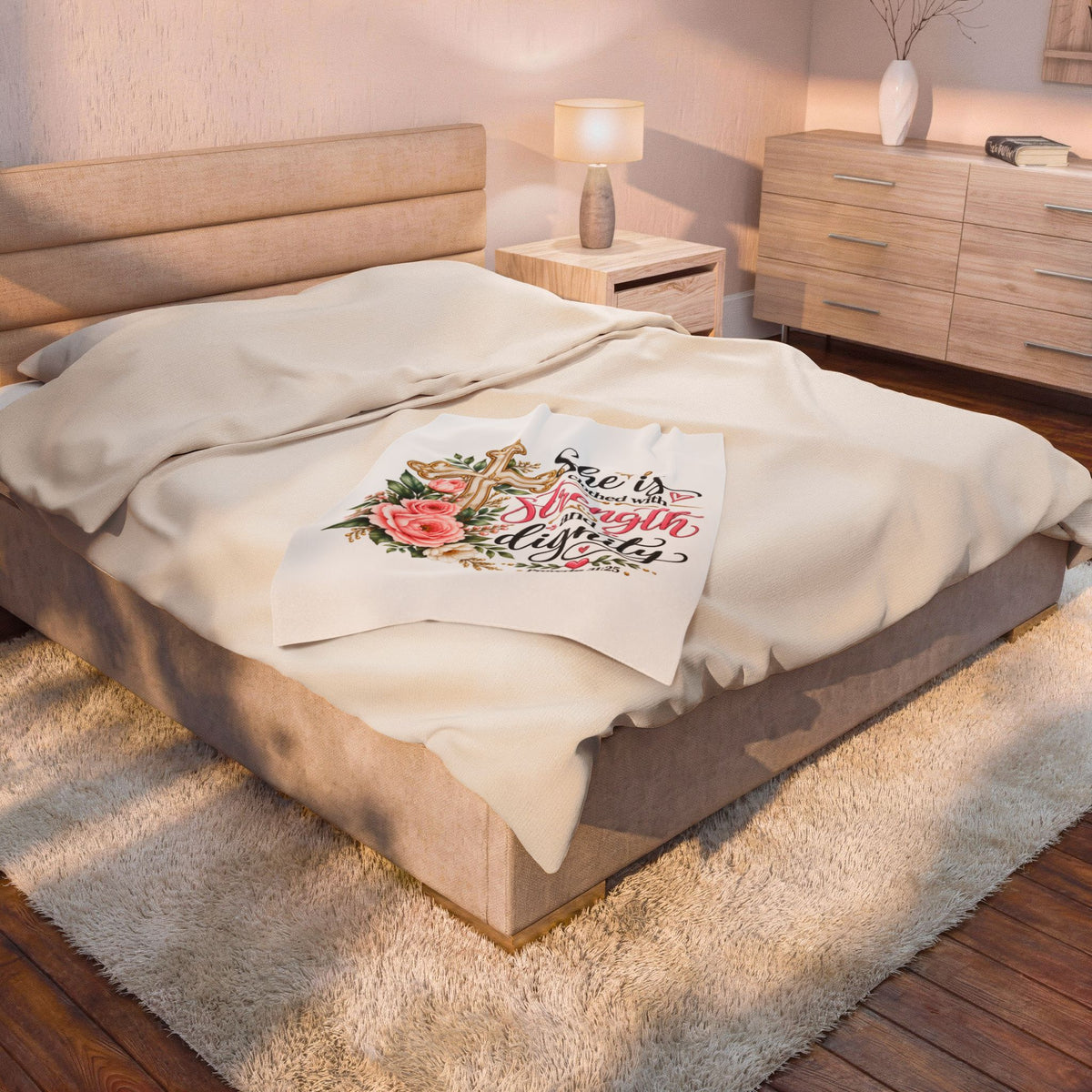 Velveteen Blanket — "She is clothed with Strength and Dignity" Floral Cross Christian Throw