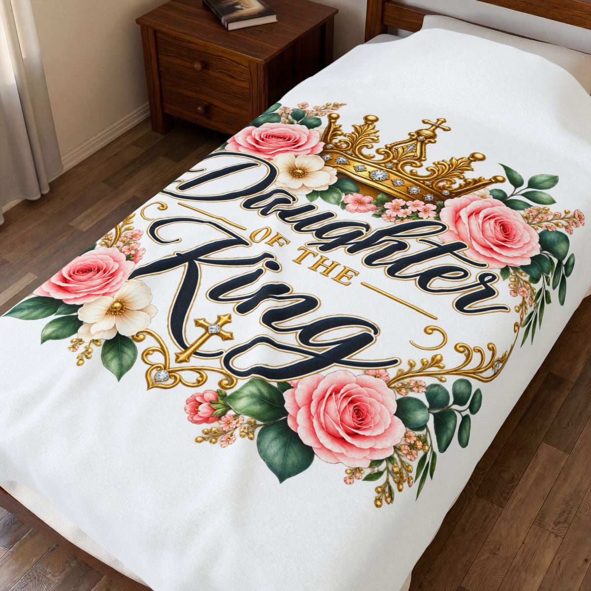 Daughter of the King Velveteen Plush Blanket — Floral Crown Christian Throw