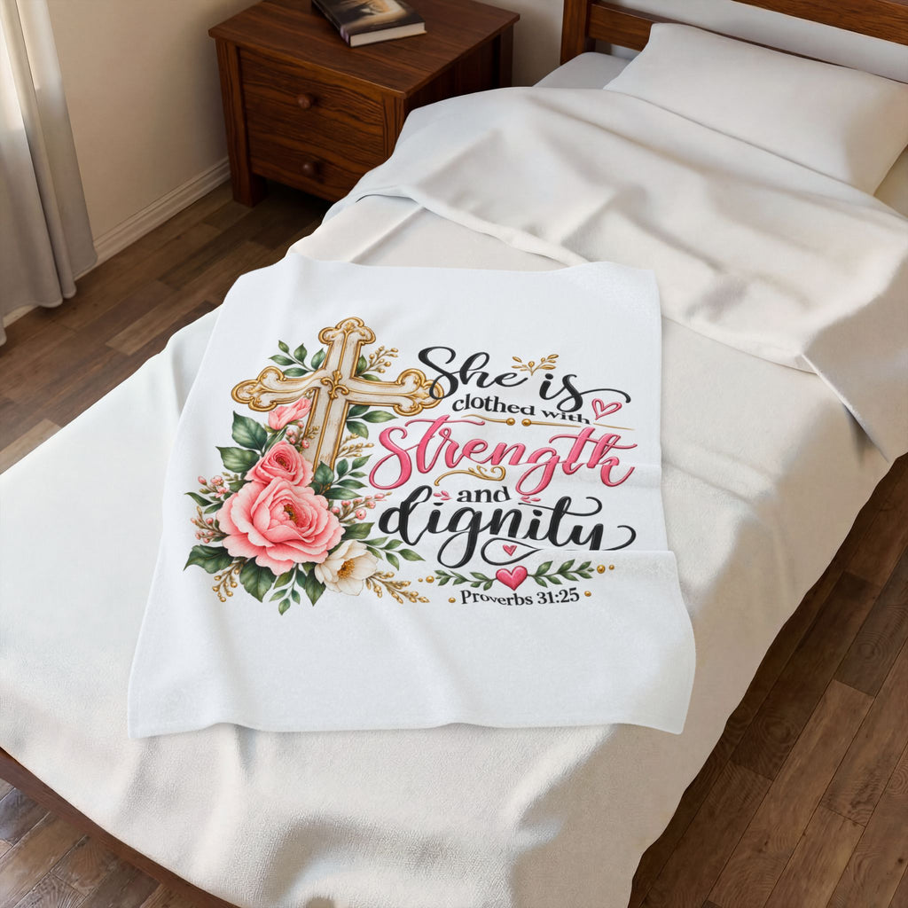Velveteen Blanket — "She is clothed with Strength and Dignity" Floral Cross Christian Throw