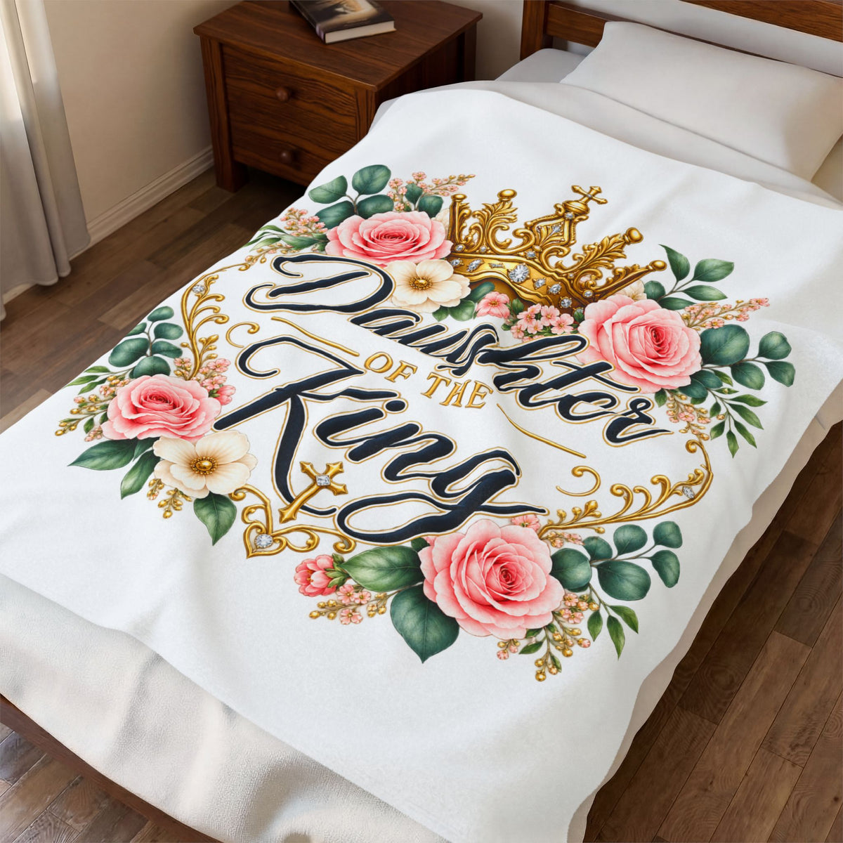 Daughter of the King Velveteen Plush Blanket — Floral Crown Christian Throw